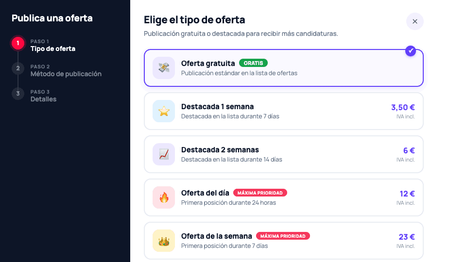 El asistente de publicación de ofertas de Jober - eligiendo el tipo de oferta